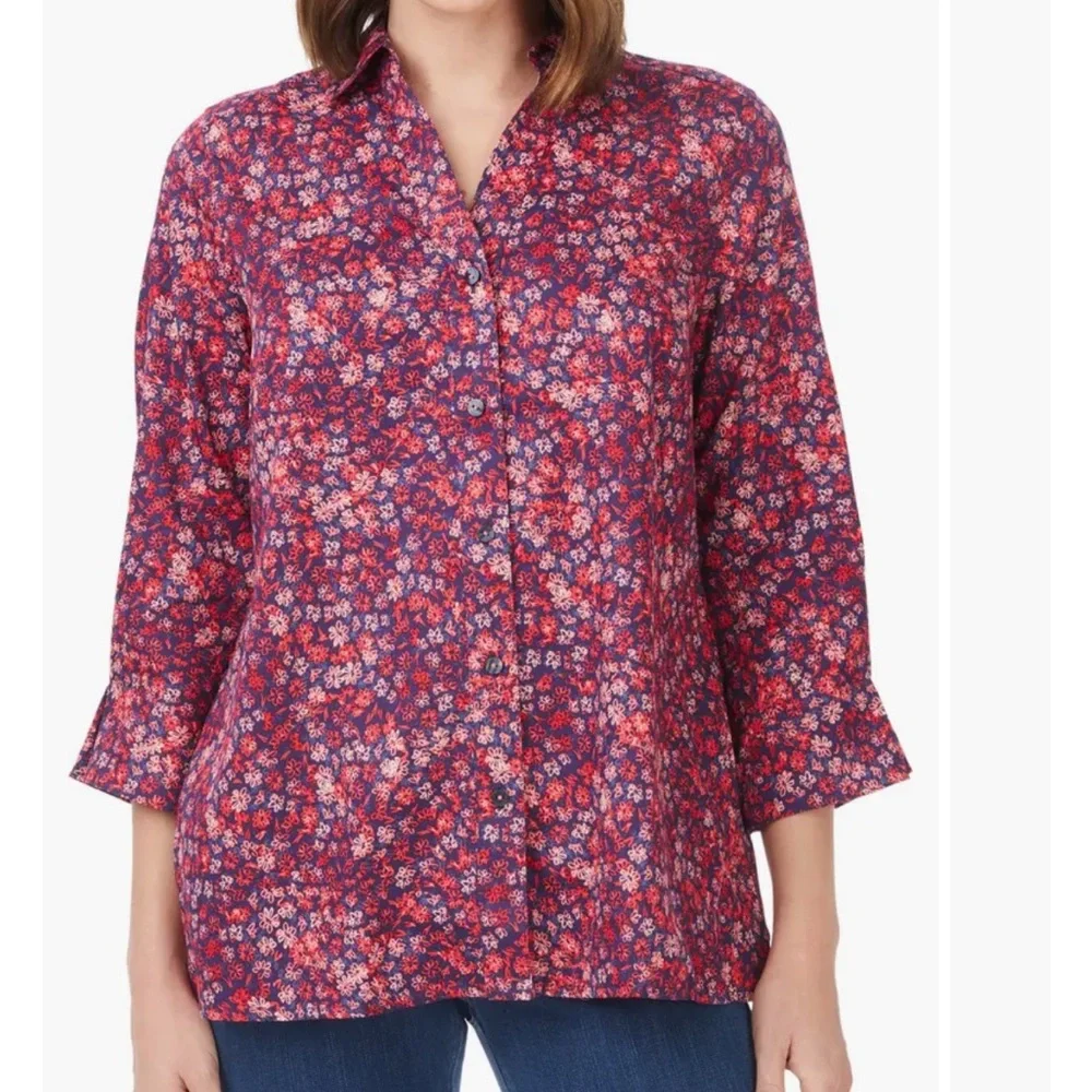 Foxcroft Coral Sunset Floral Button-up Shirt Size 2